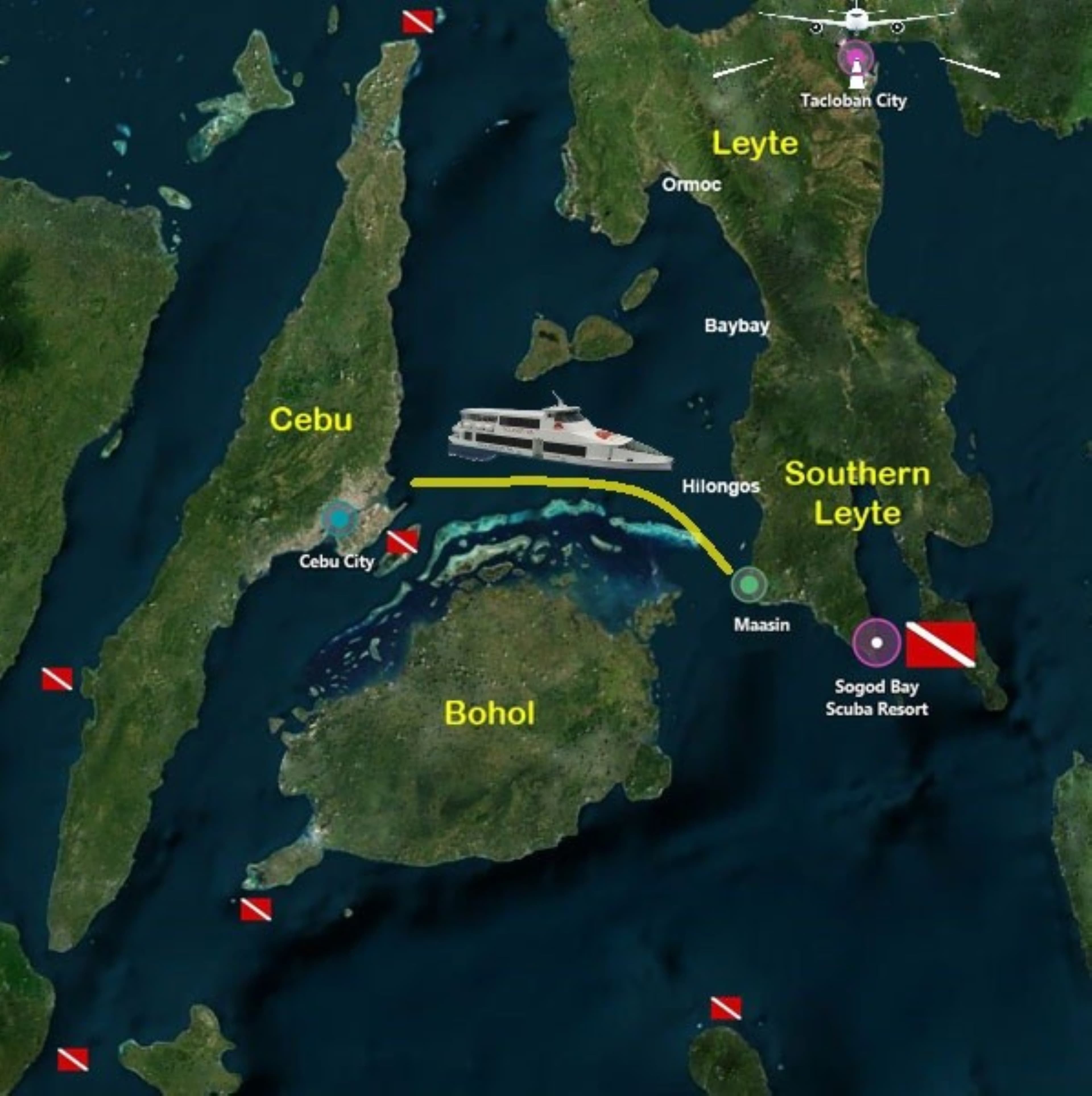 Map of the Visayas showing routes to Sogod Bay Scuba Resort from Cebu and Tacloban